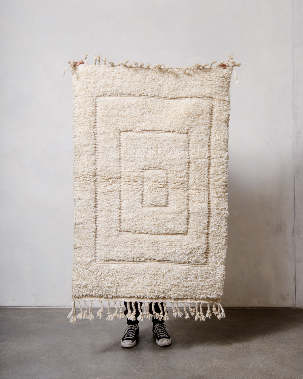 Modern, designer, handcrafted Berber rug from Morocco. Beniourain carpet with beautiful colours and patterns and fluffy wool texture.